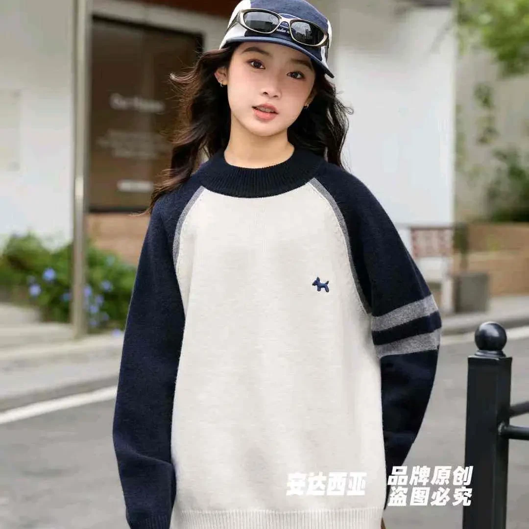 毛衫冬款绣花针织衫撞色插肩袖男童女童中大童加厚打底上衣