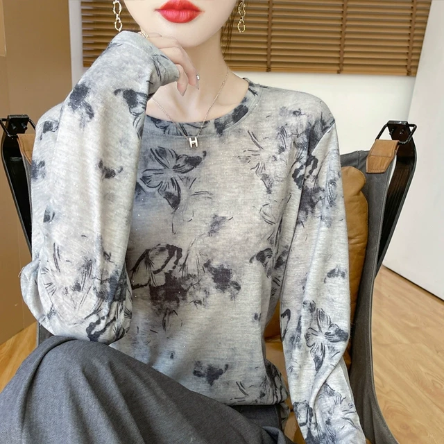 2024秋季新款时尚水墨扎染打底衫女洋气水溶印花长袖圆领天丝内搭