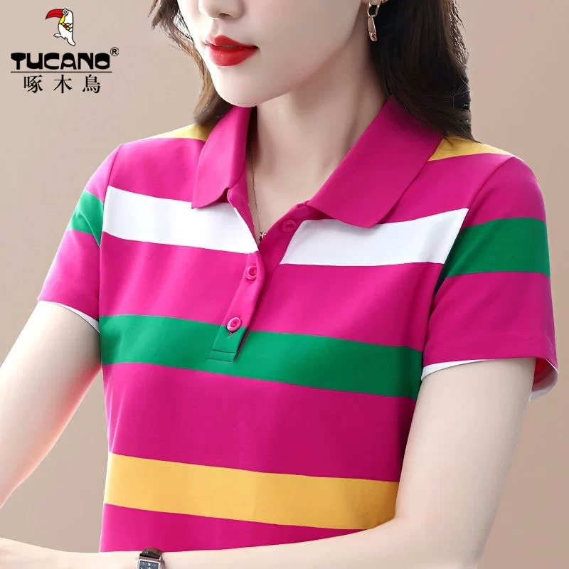 啄木鸟~短袖t恤女夏2025新款洋气妈妈条纹polo衫纯棉宽松显瘦上衣