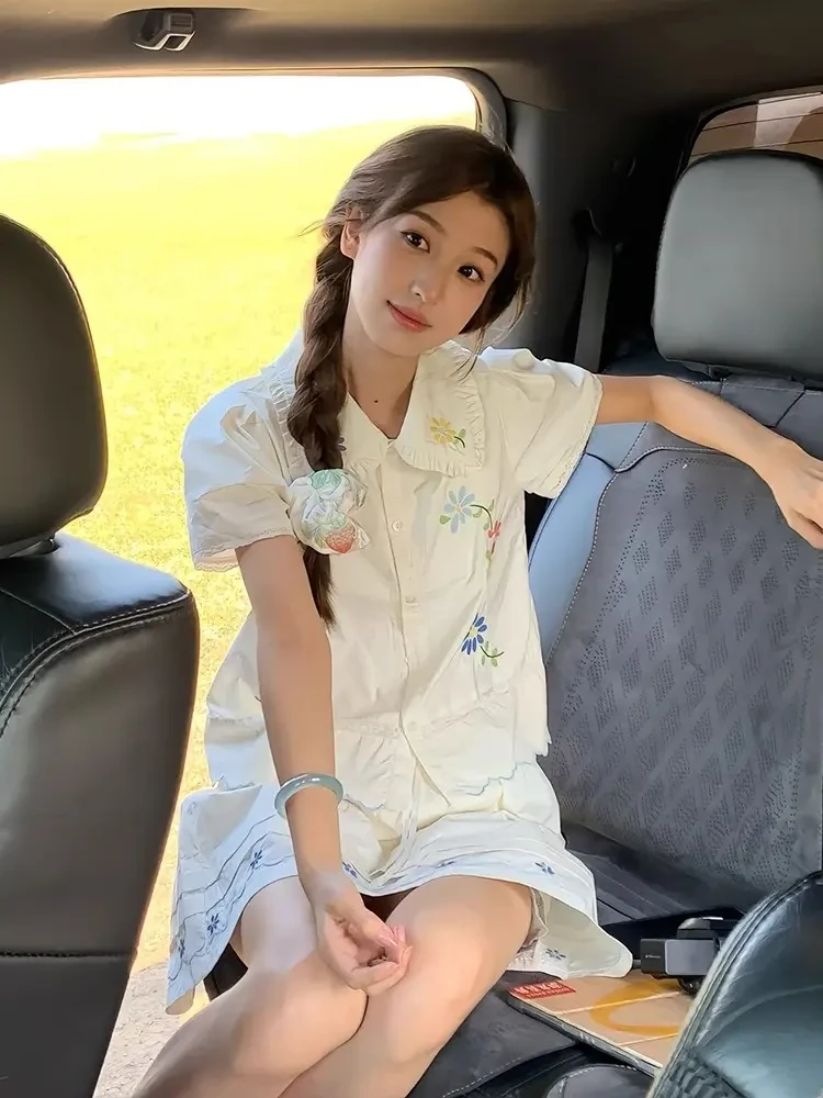 甜美风减龄小众娃娃领设计感上衣女2025夏季短袖衬衣+半身裙套装