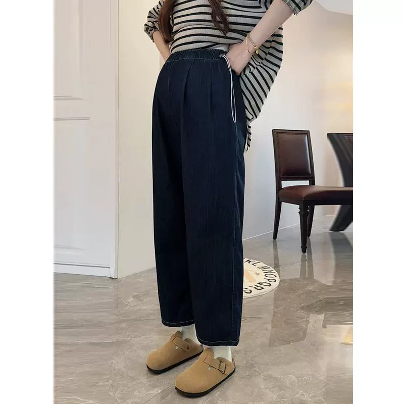 ◆诺初孕妇装◆2025超薄夏装牛仔裤松紧阔腿裤抽绳裤梨型休闲牛仔裤