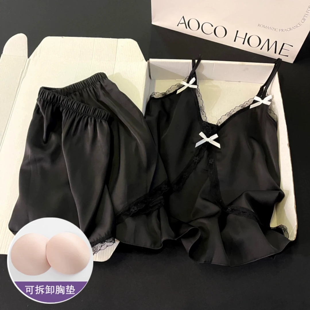 吊带睡衣女夏季冰雪丝带胸垫凉感大码2025新款黑色套装夏天家居服