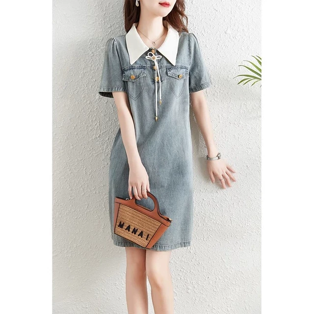 lulutabby牛仔连衣裙女Polo领收腰气质长裙2025夏季复古显瘦a字裙