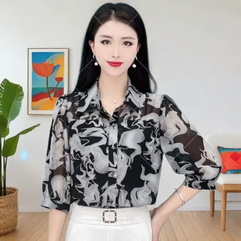 2025春夏季轻薄雪纺防晒衬衫七分袖大码洋气宽松显瘦印花遮肚上衣