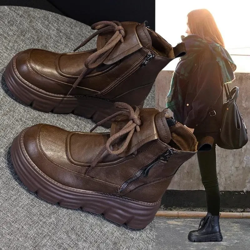 万达撤柜头层牛皮马丁靴秋冬2025厚底加厚棉鞋粗跟高帮女士马丁靴