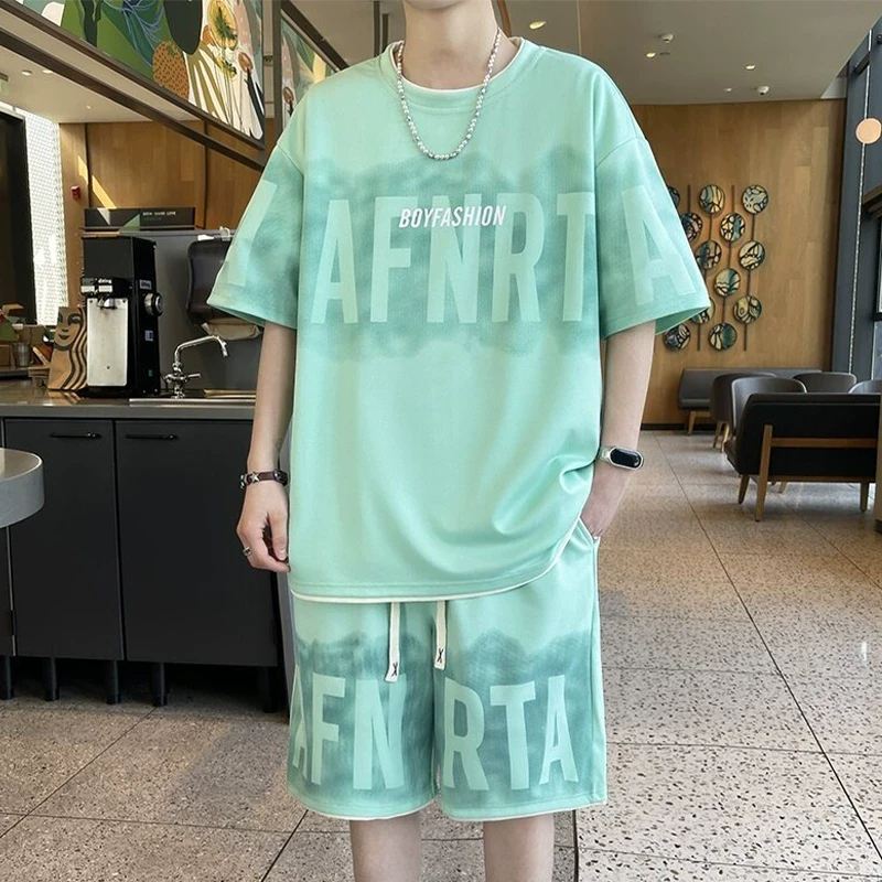 冰丝凉感短袖套装男夏季字母印花半袖t恤男青少年一套帅气搭配T恤