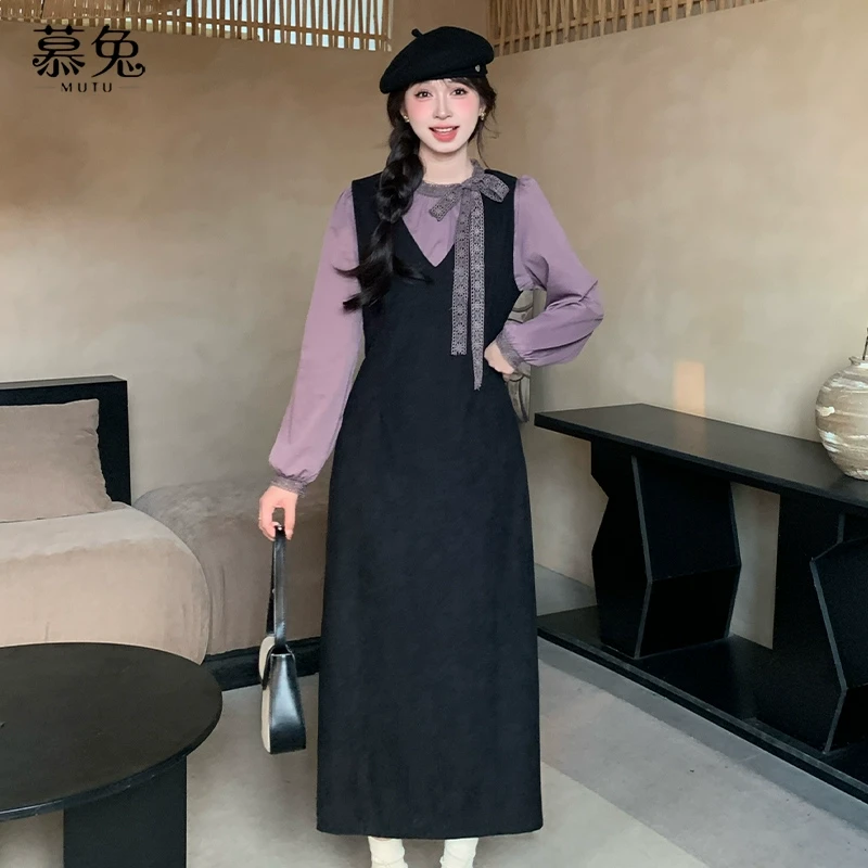 慕兔法式高级感套装裙女2024秋冬新款蝴蝶结衬衫背心连衣裙两件套
