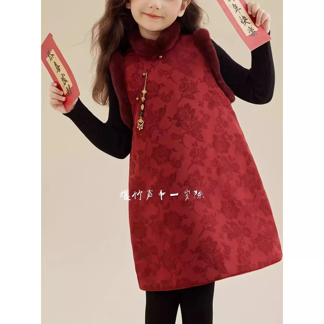 女童红色拜年服冬装儿童加绒加厚梅花刺绣唐装旗袍汉服连衣裙冬款