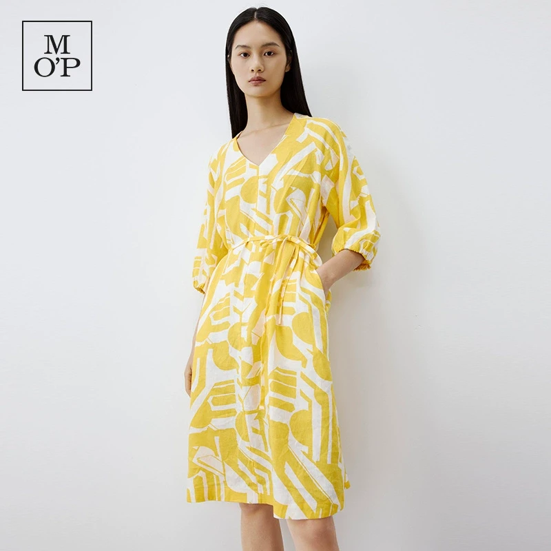 Marc O'Polo/MOP【商场同款】V领印花大码亚麻透气连衣裙子女士