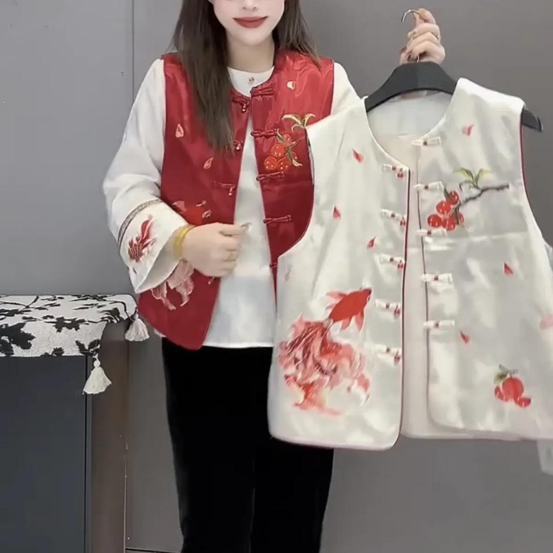 新中式国风重工刺绣锦鲤显瘦百搭女士无袖马甲秋冬