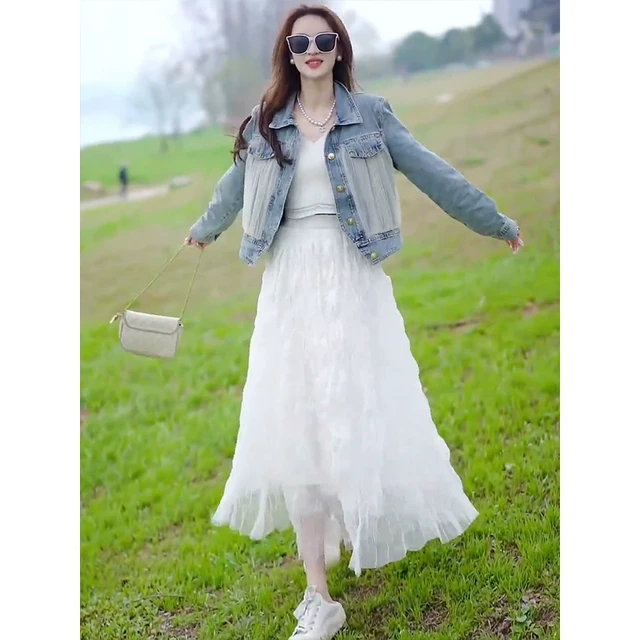 今年流行漂亮套装春季洋气时髦气质牛仔短外套网纱半身裙两件套女
