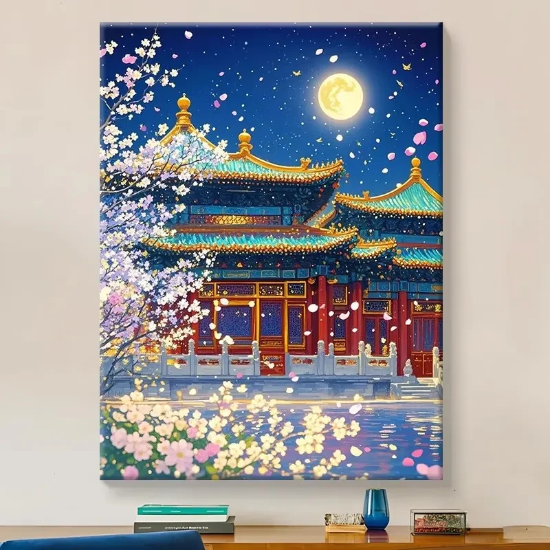 (深宫夜落）diy数字油画手工填色手绘解压治愈生日礼物丙烯装饰画