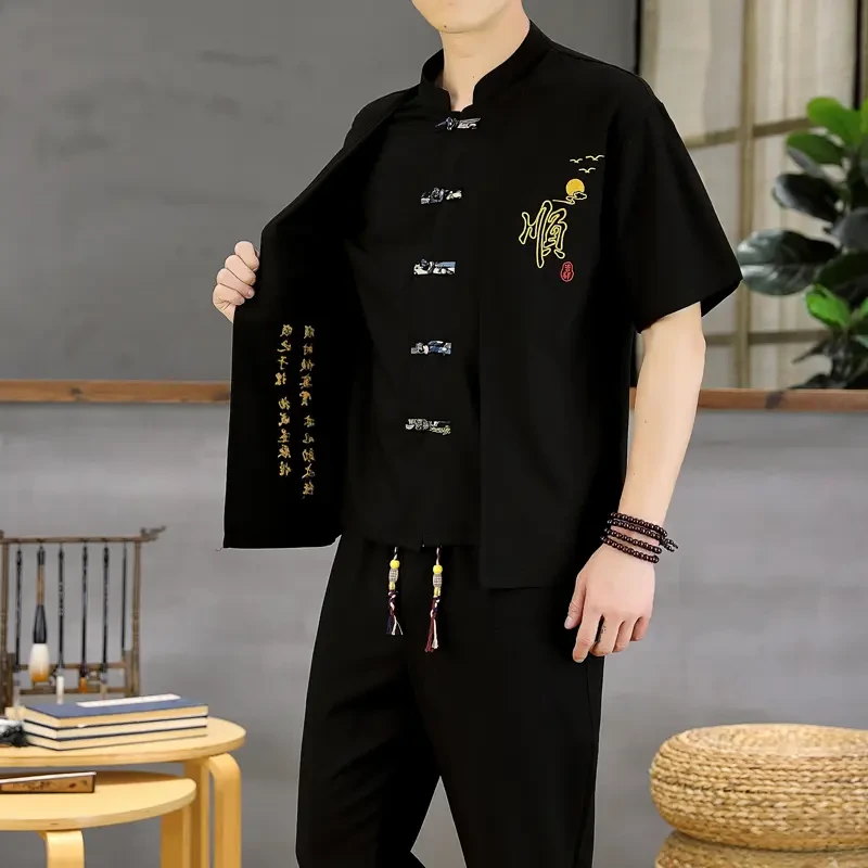 2025夏季上衣男款新中式国风复古假刺绣唐装休闲薄款中国风男装