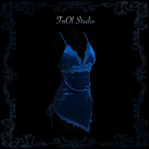 「FnOl Studio」静谧之夜 蓝色性感露背睡裙家居吊带战袍蕾丝约会女