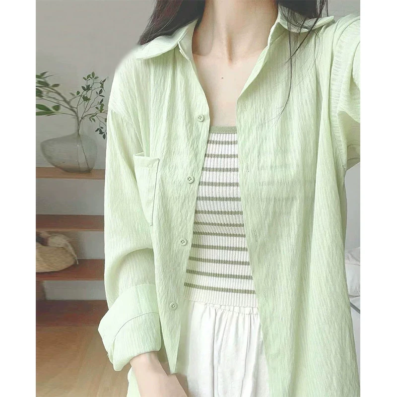 夏季2025新款绿色防晒衬衫外套女夏季薄款宽松小个子外搭衬衣开衫