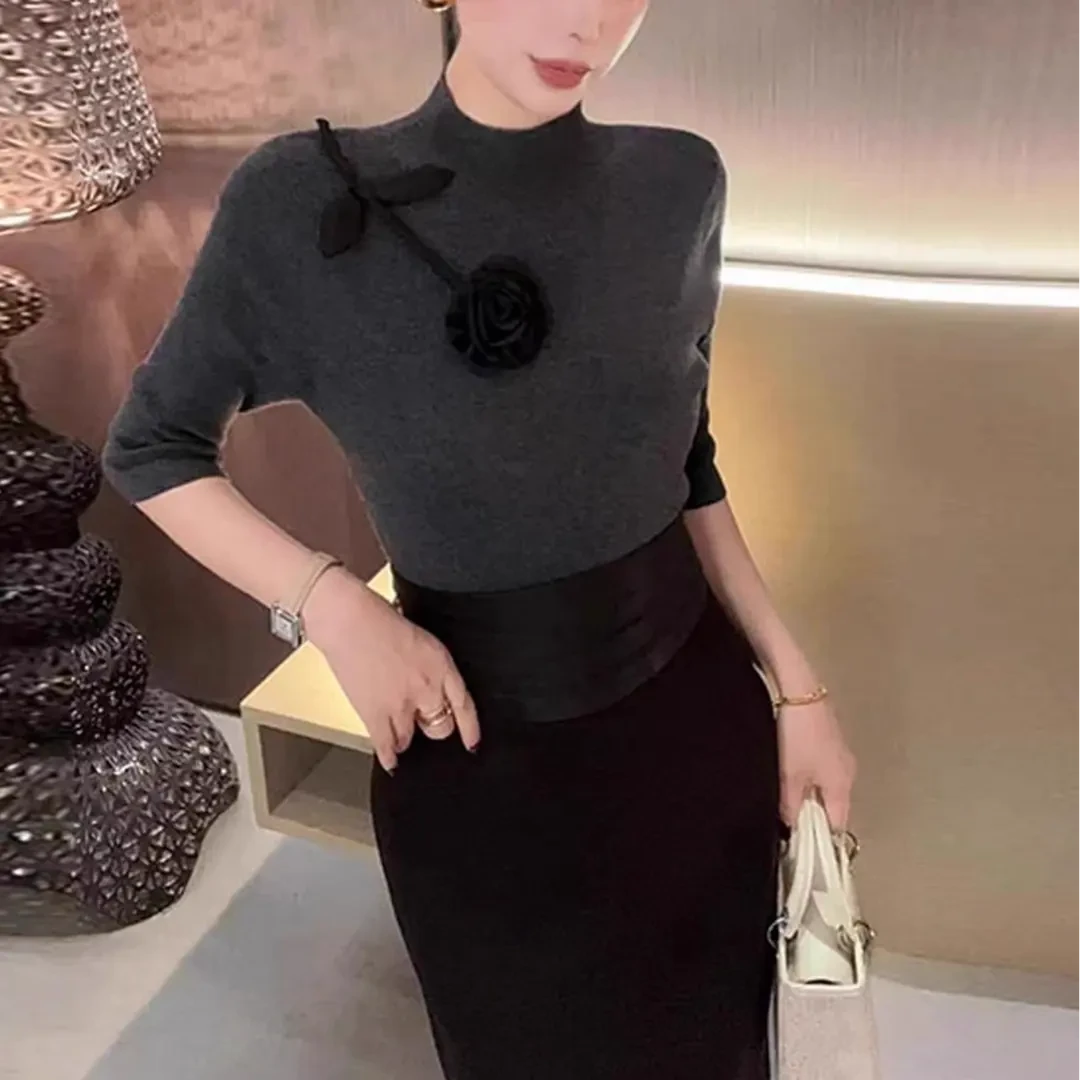 （长袖中袖）(秋冬款)设计师针织花朵女毛针织衫打底上衣7781# H