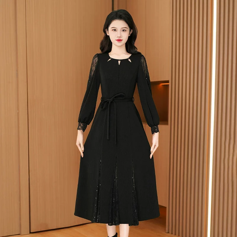【可蓓儿】黑色长袖女装连衣裙2025新款春秋广州十三行爆款中妈妈装
