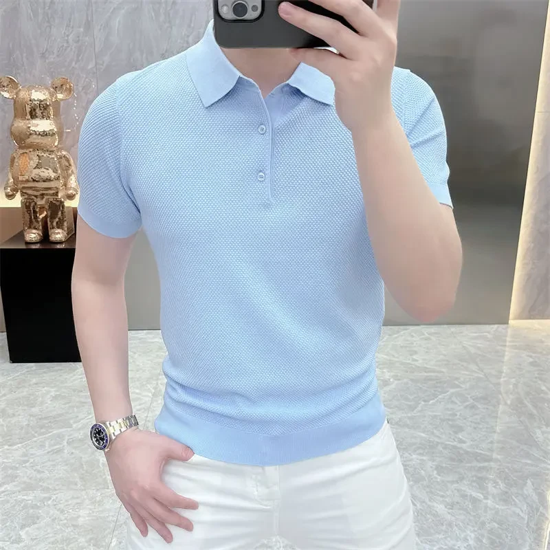 夏天新款冰麻针织衫短袖男士翻领套头T恤男潮流韩版青年冰丝体恤