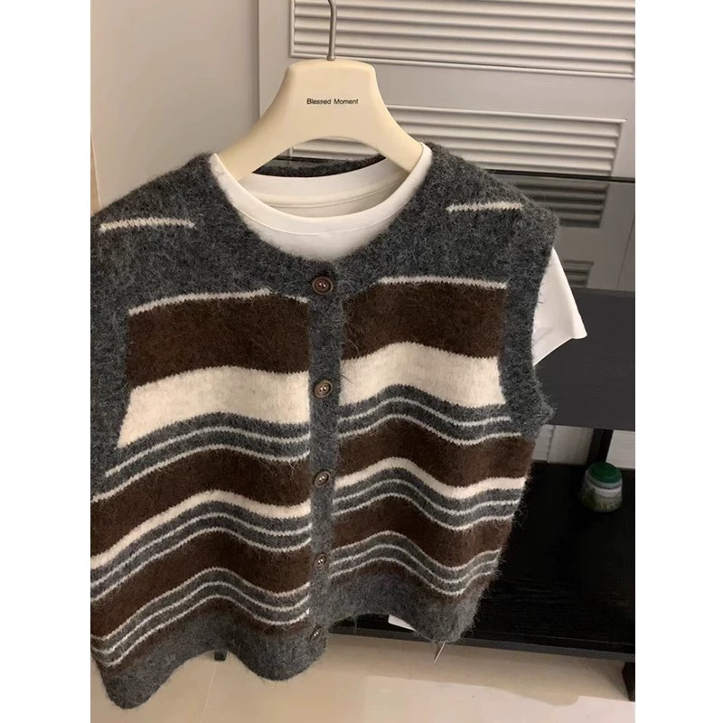 日系复古撞色条纹毛衣马甲开衫女秋冬叠穿内搭无袖背心外穿小个子