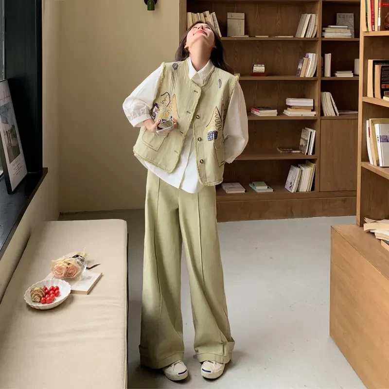 A188+A189+A190重工刺绣牛仔马甲衬衫套装裤高级感显瘦三件套