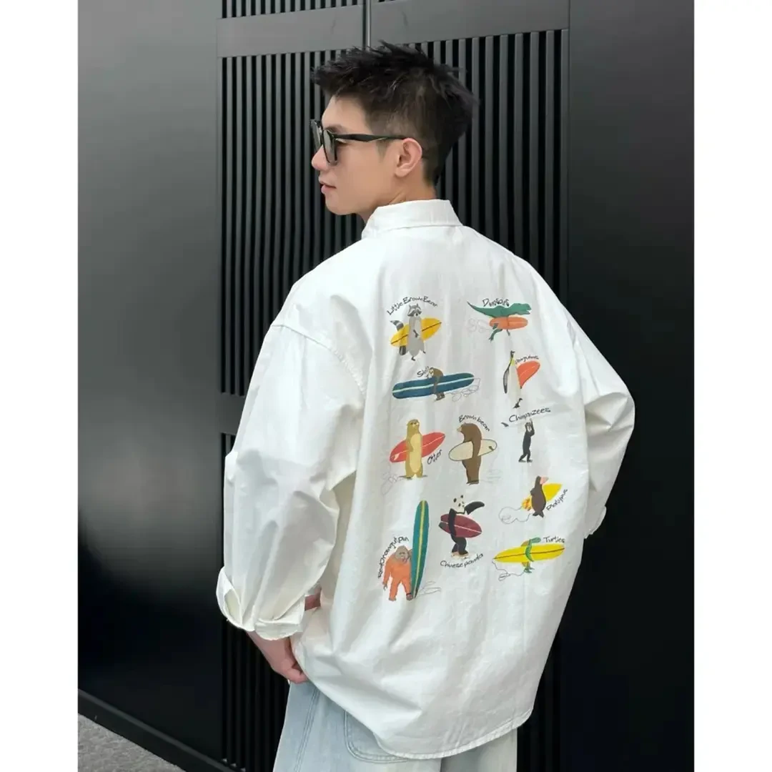 2025春秋季潮流个性后背卡通印花休闲百搭宽松排扣港风衬衫外套衫