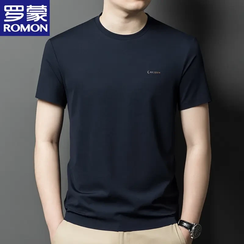 罗蒙冰丝舒适时尚2025夏季薄款纯色圆领半袖上衣休闲凉感短袖T恤