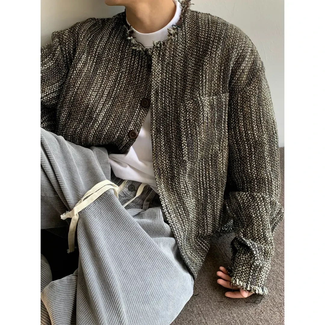 小香风休闲小众春季男款百搭复古混色编织毛边宽松ins感夹克外套