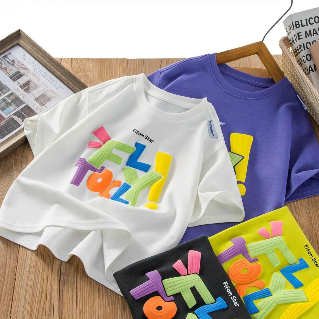 2025儿童夏季洋气彩色字母印花圆领T恤中大童运动百搭休闲短袖