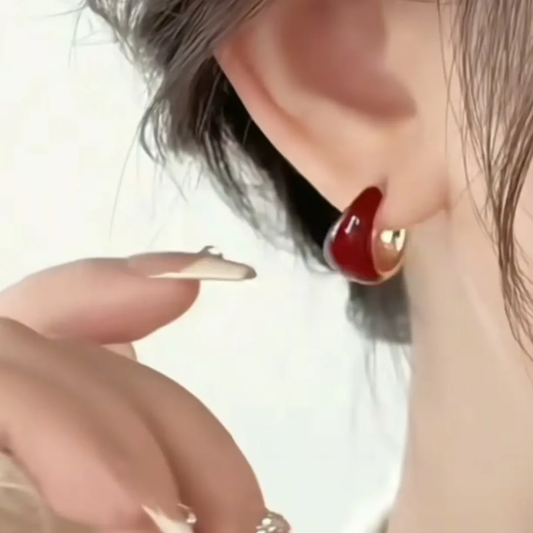 合金耳饰 合金耳饰 合金红色滴釉水滴轻奢百搭秋冬耳环