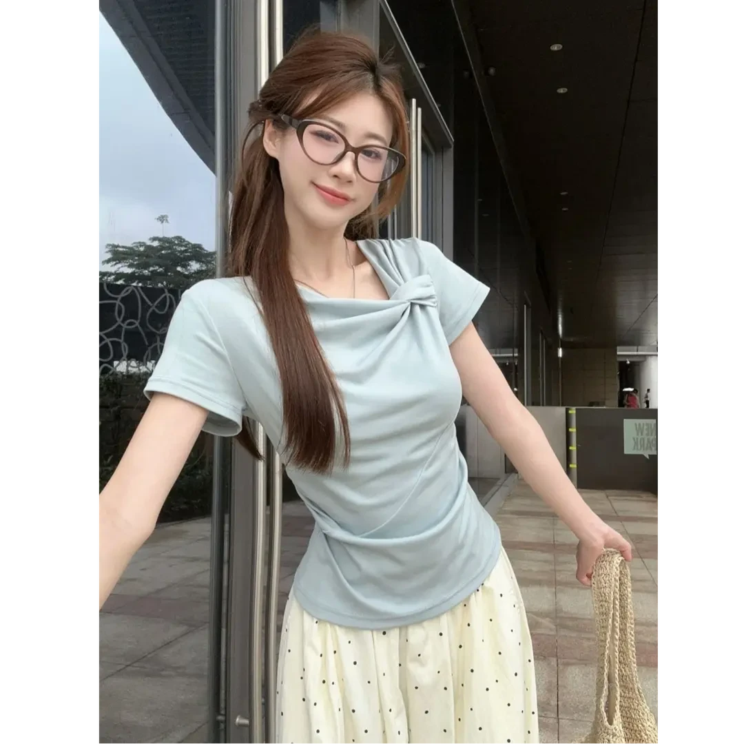 2025夏季新款小众设计扭结短袖T桖不规则褶皱别致收腰百搭显瘦