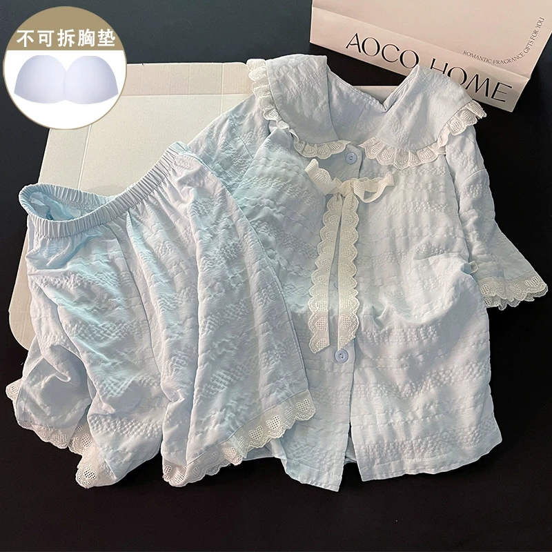 2025年夏季新款带胸垫睡衣女甜美蓝色蕾丝蝴蝶结学生家居服套装