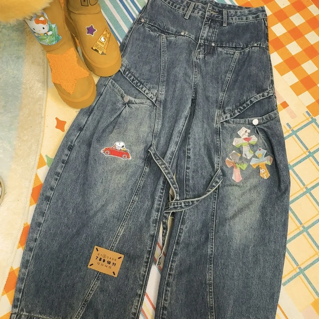 《晓辰推荐》秋冬新款高腰宽松显瘦拼接弯刀阔腿牛仔裤