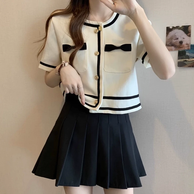 大码女装夏季小香风短袖上衣2025新款气质减龄蝴蝶结短款开衫衬衣