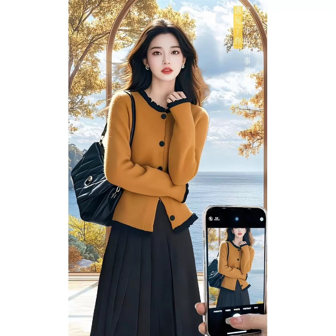 3899+3523大码胖mm针织衫半身裙美拉德高级复古时尚套装裙女