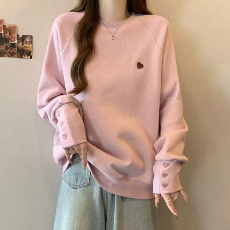 粉色正肩圆领卫衣女2025秋季新款高级感宽松显瘦大码内搭打底上衣