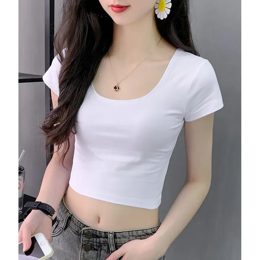 白色双u领t恤女短袖修身短款露脐上衣2025夏季新款露腰显瘦露背潮