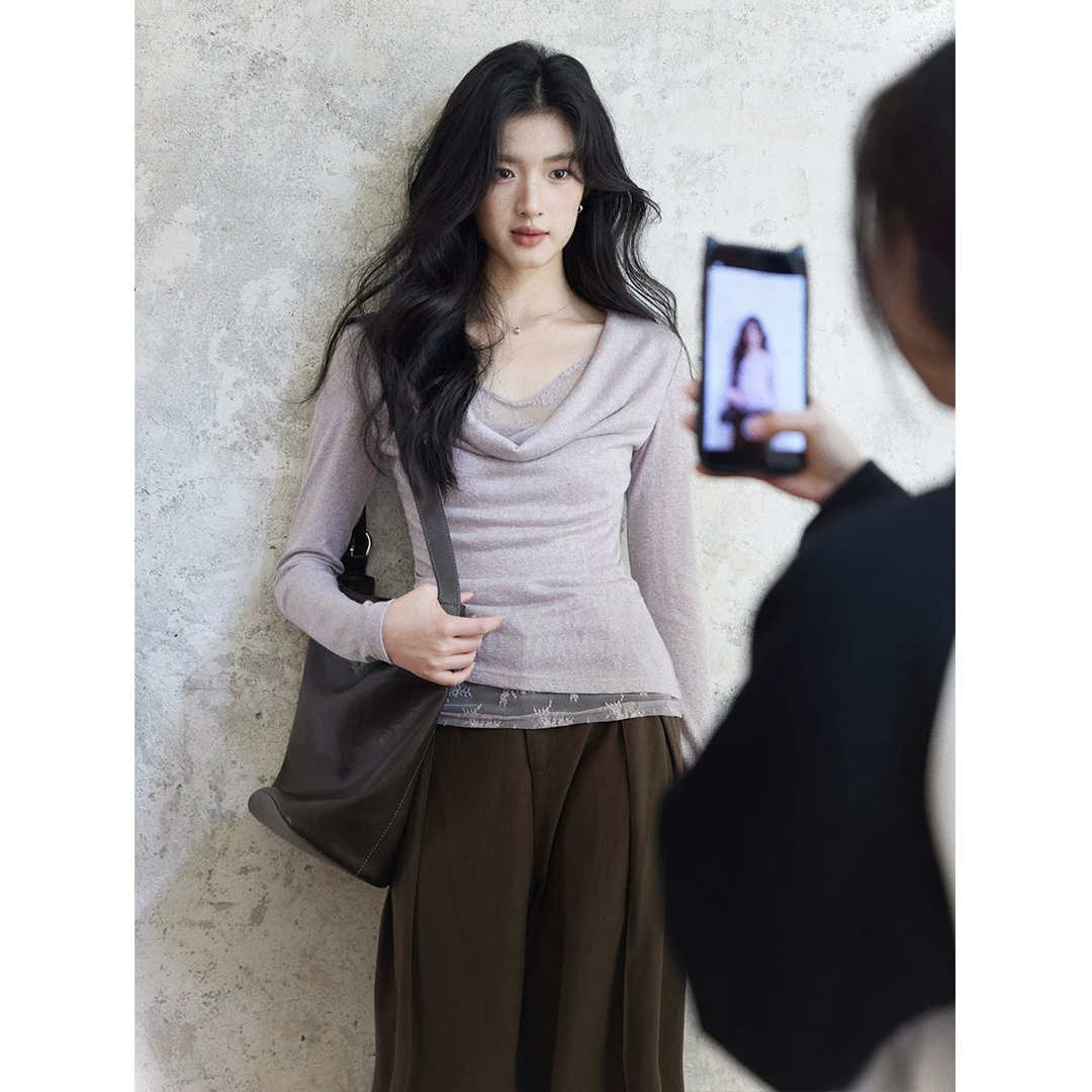 贰羊设计【予沁】假两件荡领蕾丝拼接针织衫修身显瘦长袖紫色上衣