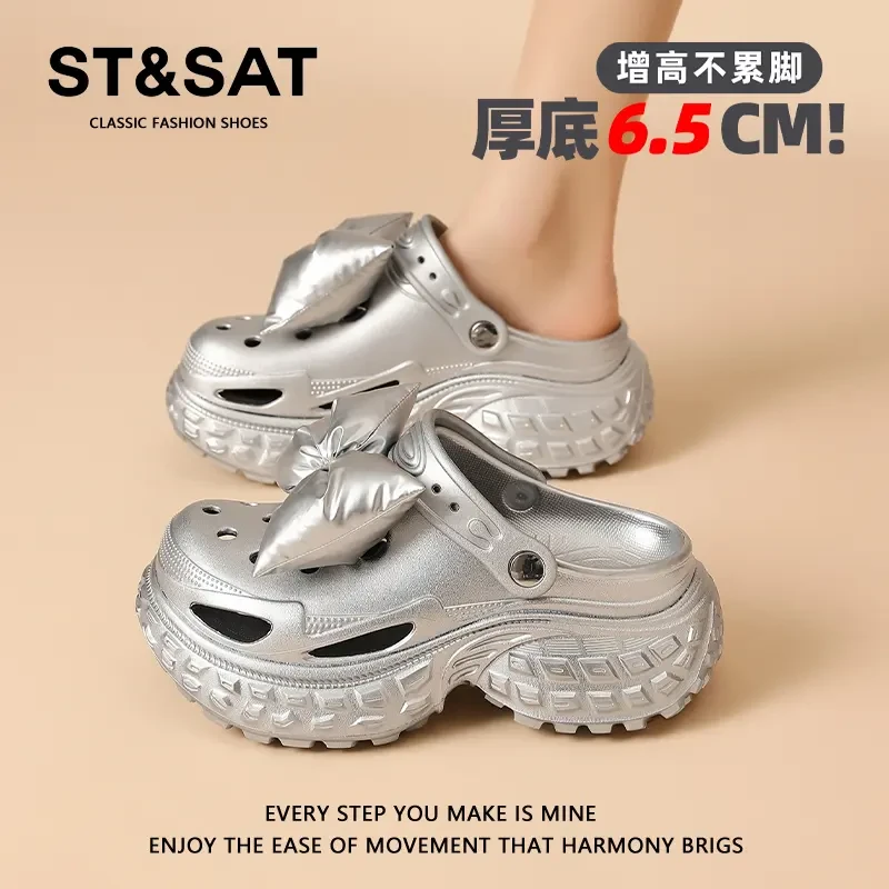 星期六银色软底踩屎感包头拖女秋季时尚百搭蝴蝶结配裙子小众凉鞋