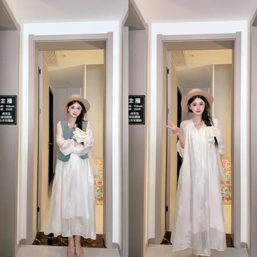 天丝高级感法式绣花长袖2025新款宽松绝美纱裙长裙