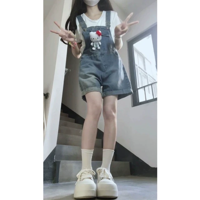 甜美减龄一整套韩系复古牛仔背带裤+夏季新款叠穿短袖T恤两件套女