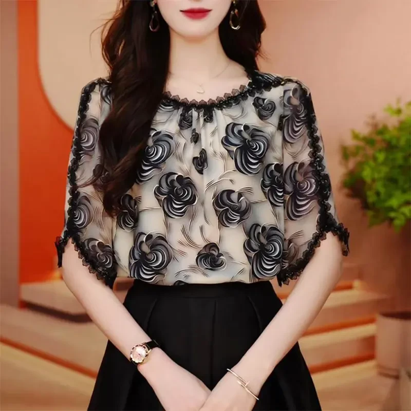 琉璃双绉丝气质印花小衫2025夏季新款Z宽松显瘦中年妈妈装中袖T恤