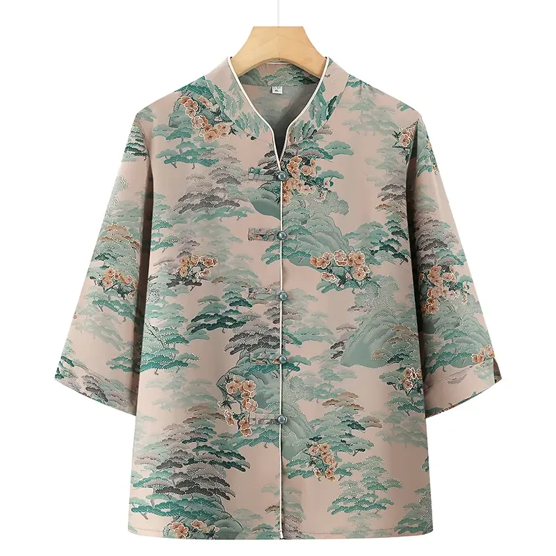 F602老年人夏装女奶奶洋气中袖衬衫60岁70妈妈夏季唐装上衣