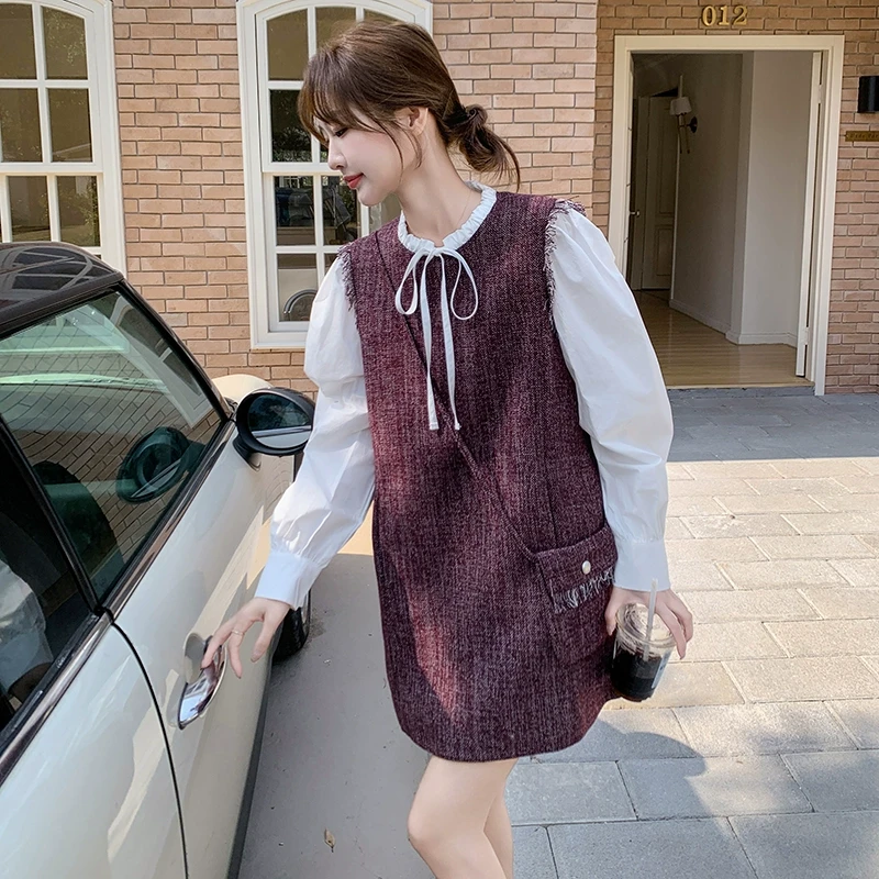 小香风紫红色假两件连衣裙女春秋2025新款高级感法式复古小个子