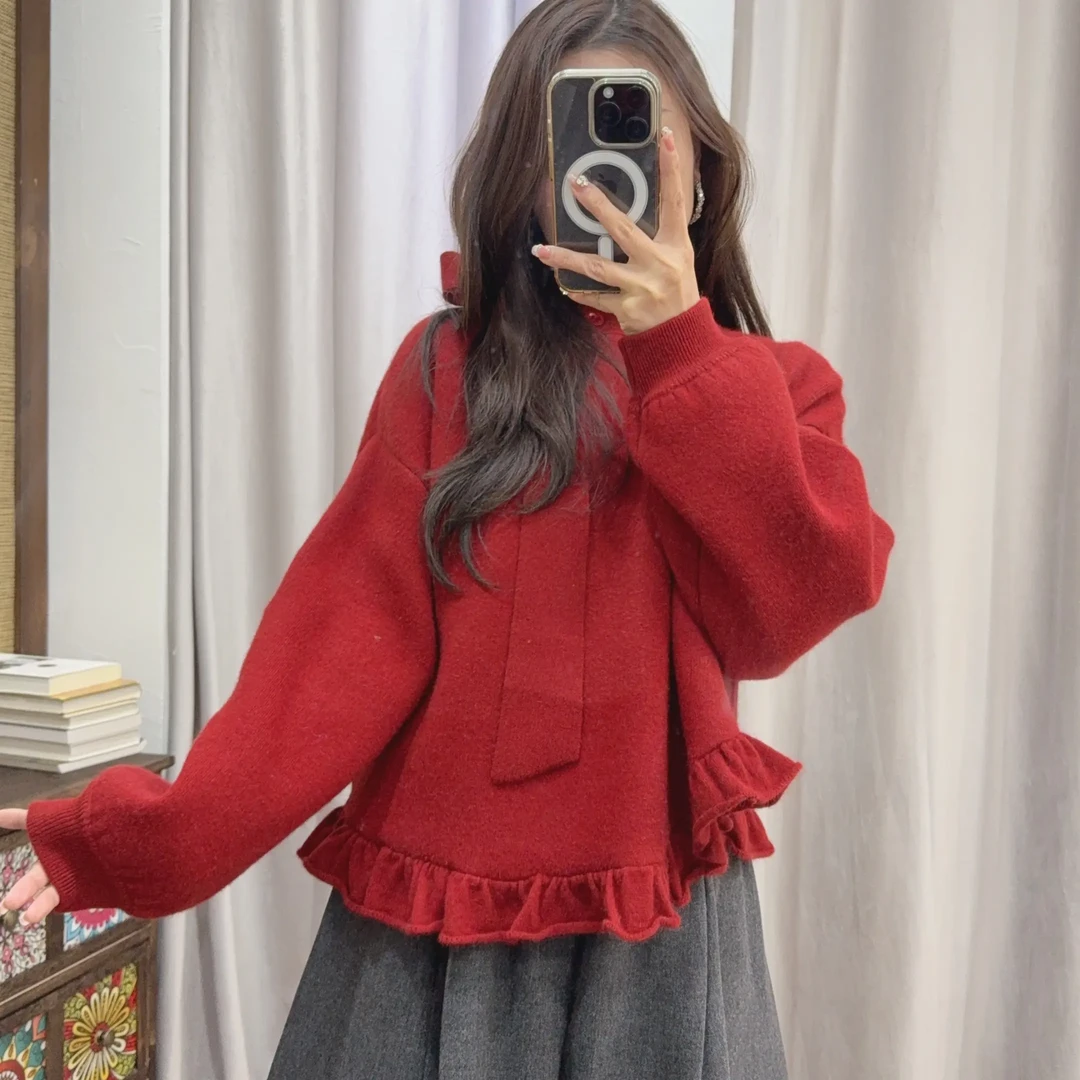 秋冬韩系慵懒风温柔红色羊毛衫加绒裙边下摆娃娃减龄上衣