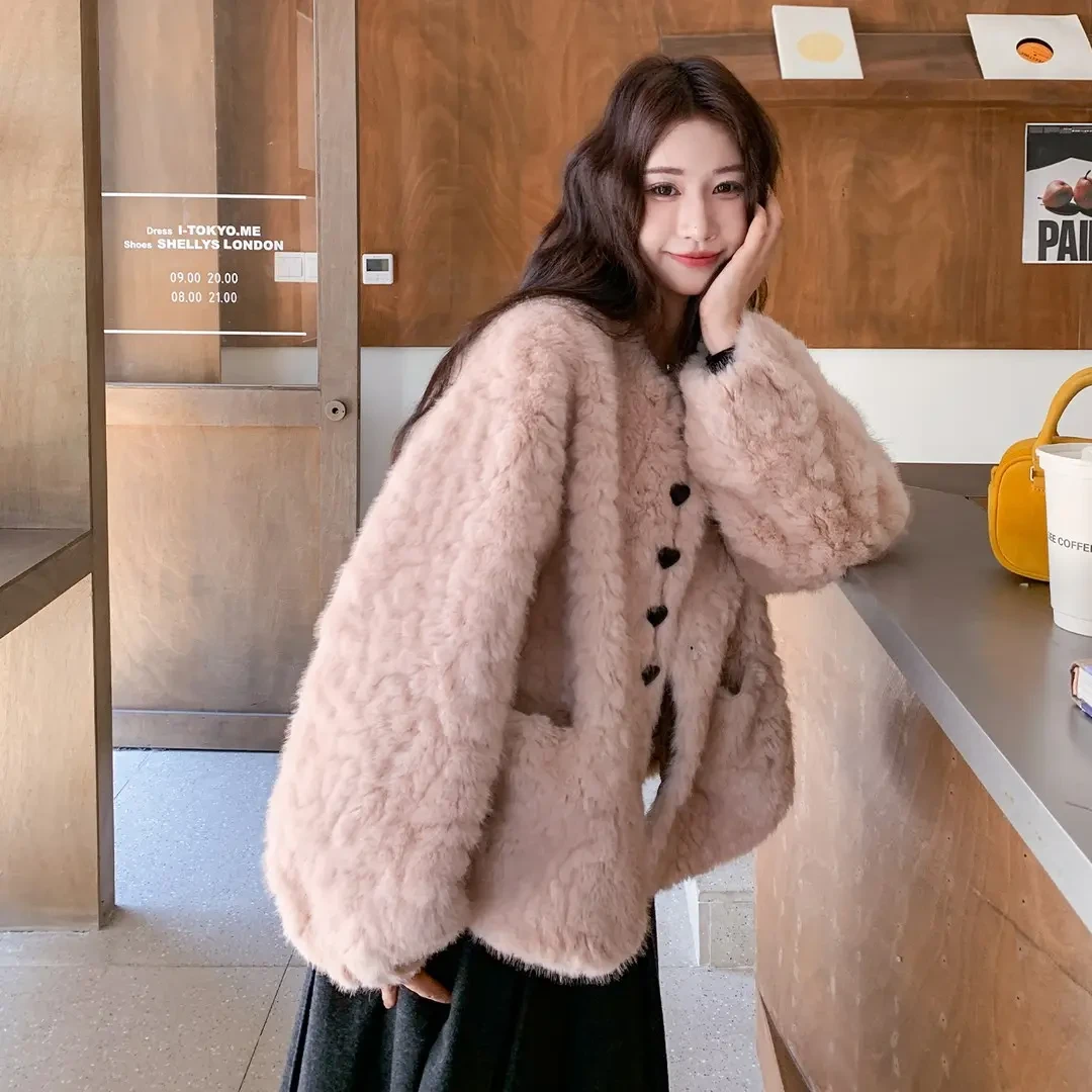 【软fufu少女感】浅粉仿皮草外套 爱心扣软糯毛绒上衣 秋冬甜妹必备