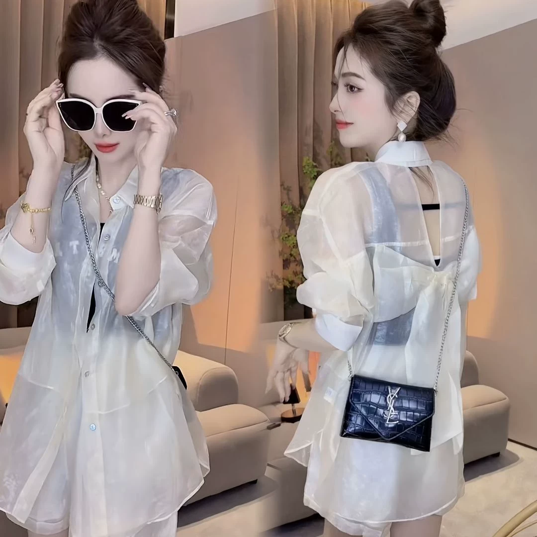 女生韩系ins衣服小心机后背蝴蝶结设计薄款清爽长袖防晒衬衫短裤