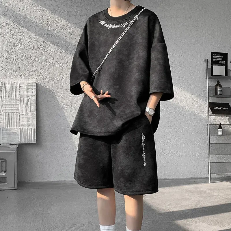 港风ins扎染刺绣运动男士夏装套装休闲宽松半截袖百搭时尚两件套