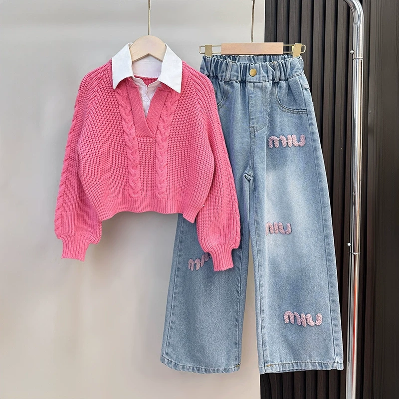 女童时髦洋气套装2025新款女大童春装毛衣针织衫儿童春秋款牛仔裤