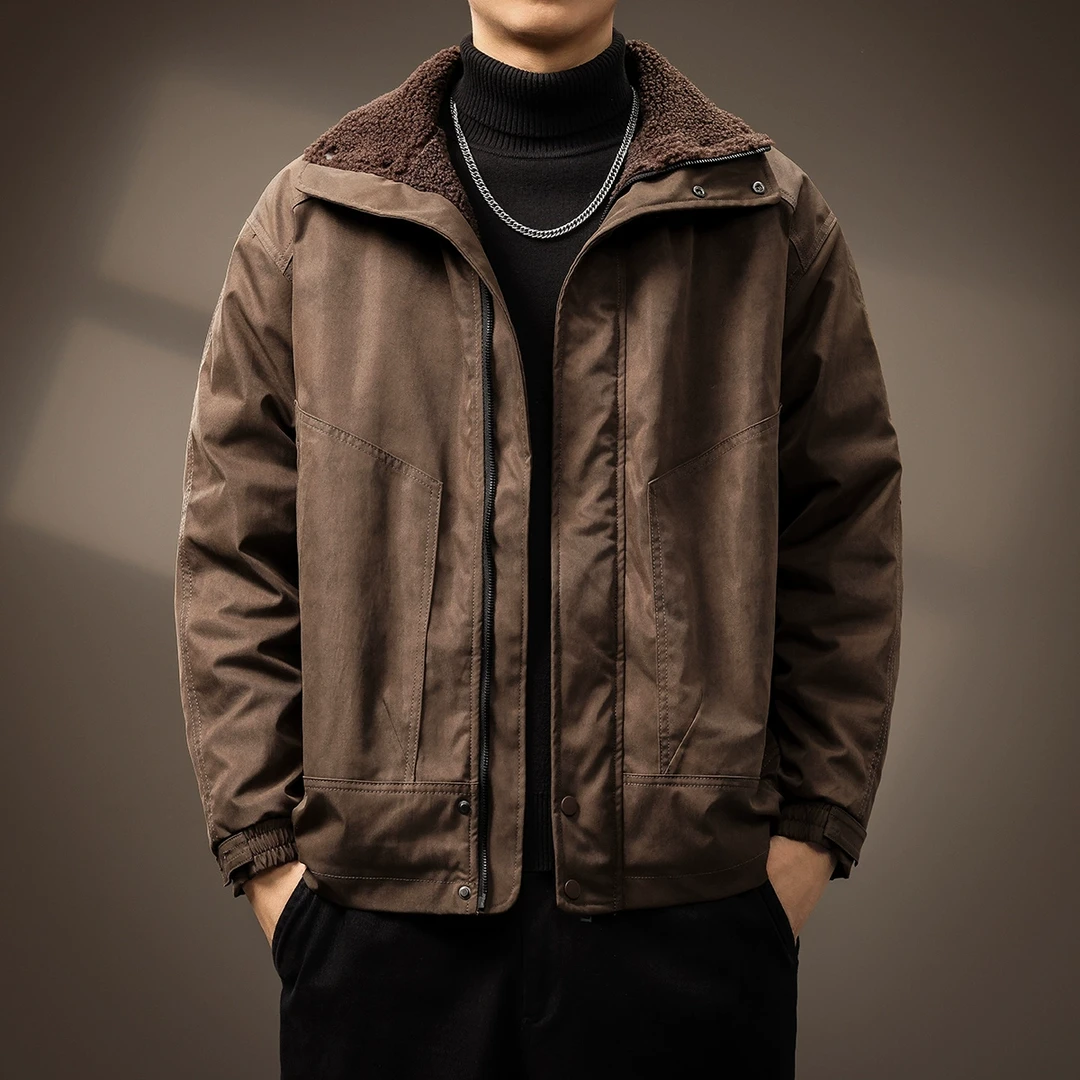 高端美式复古扎染羊羔绒棉服外套男冬季潮牌加厚棉衣痞帅工装夹克