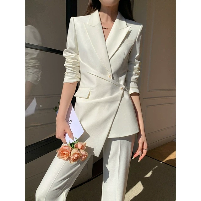 白色西装套装女2025春秋洋气设计感不规则职业气质高端西服两件套